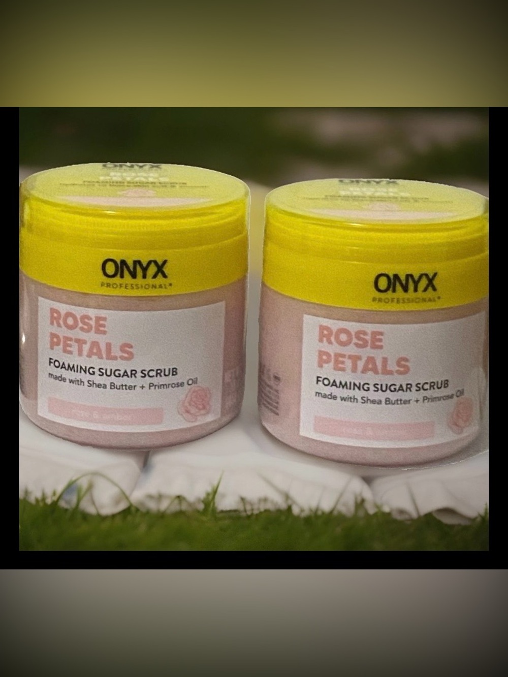 Onyx Rose Petals Foaming Sugar Scrub – Yellow Lid, Pink Label
